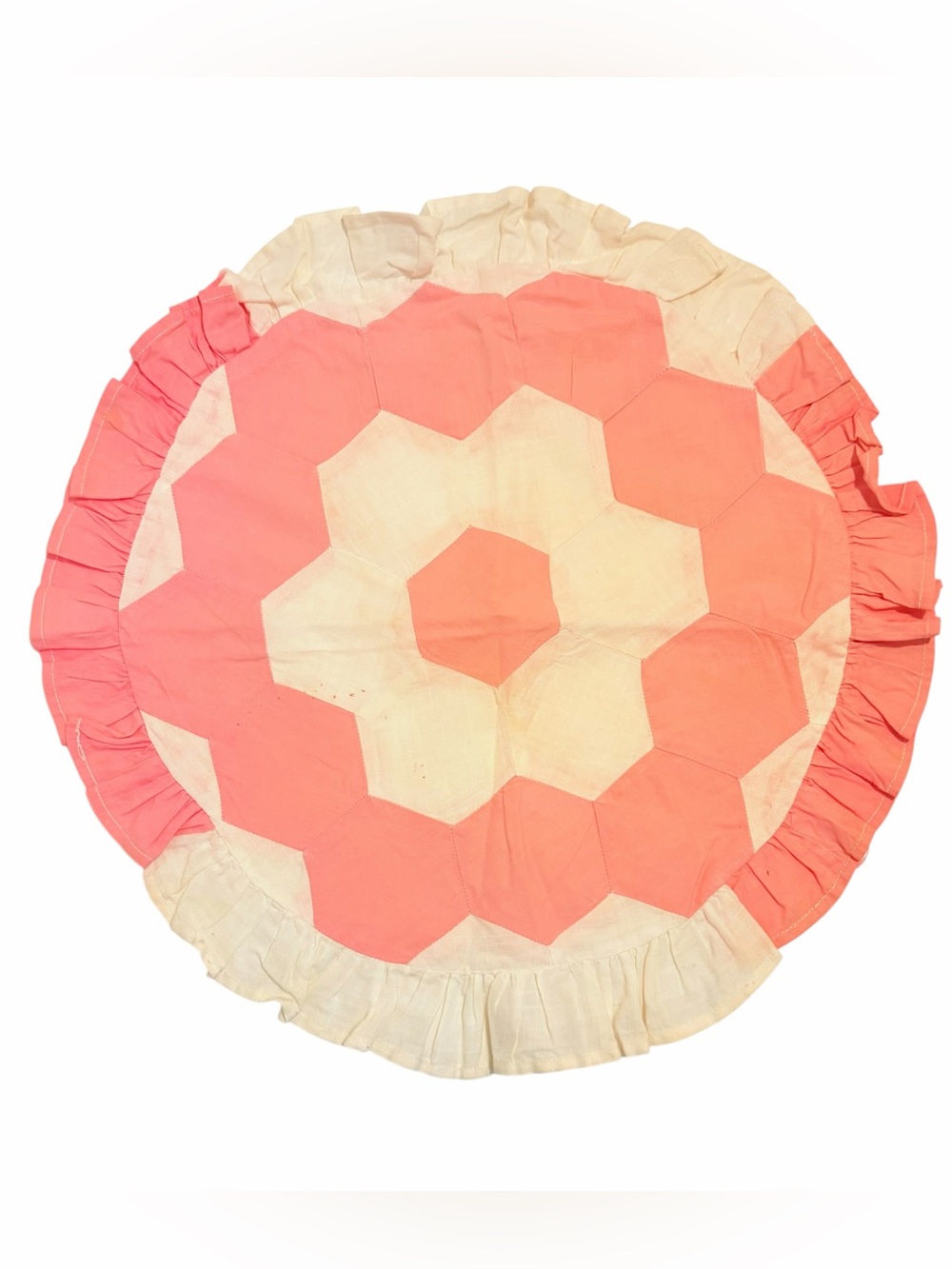 Vintage 1930s Pink White Quilt Block Round Ruffle Pillow Cover